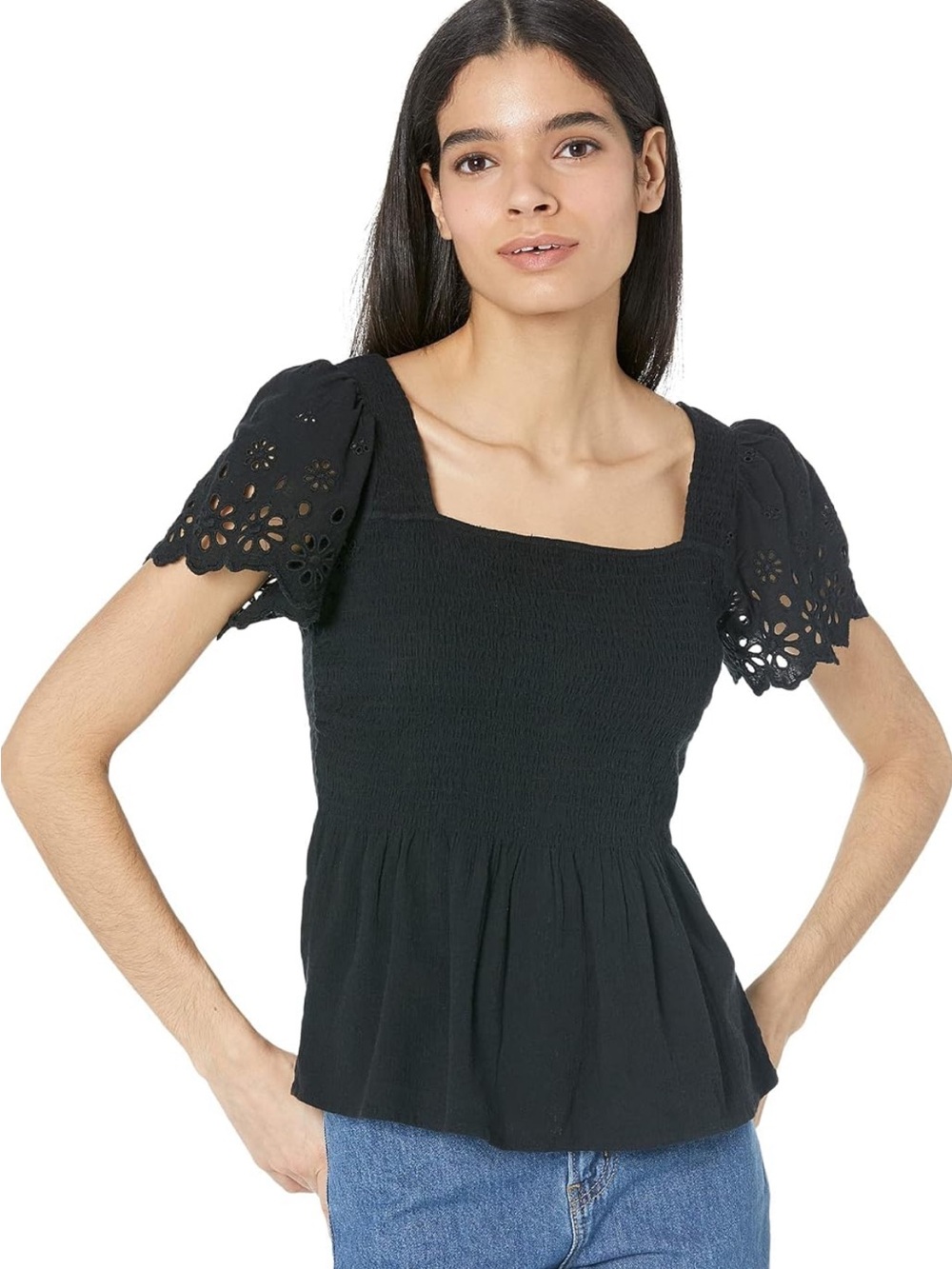 NWT Madewell Eyelet-Sleeve Lucie Smocked Peplum Top in Black Sz XL